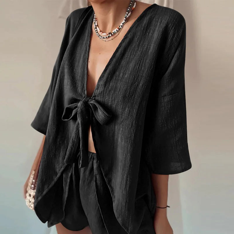 vmtvr Simple Casual Solid Women's Two Piece Sets Fashion Loose Homewear Outfit Summer Sexy Deep V Lace Up Top with Shorts Pajama Suits