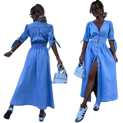 vmtvr  -  Spring Summer New Women's Clothing Fashion Sexy V-neck Long Button Denim Dress Long Maxi Loose Dress