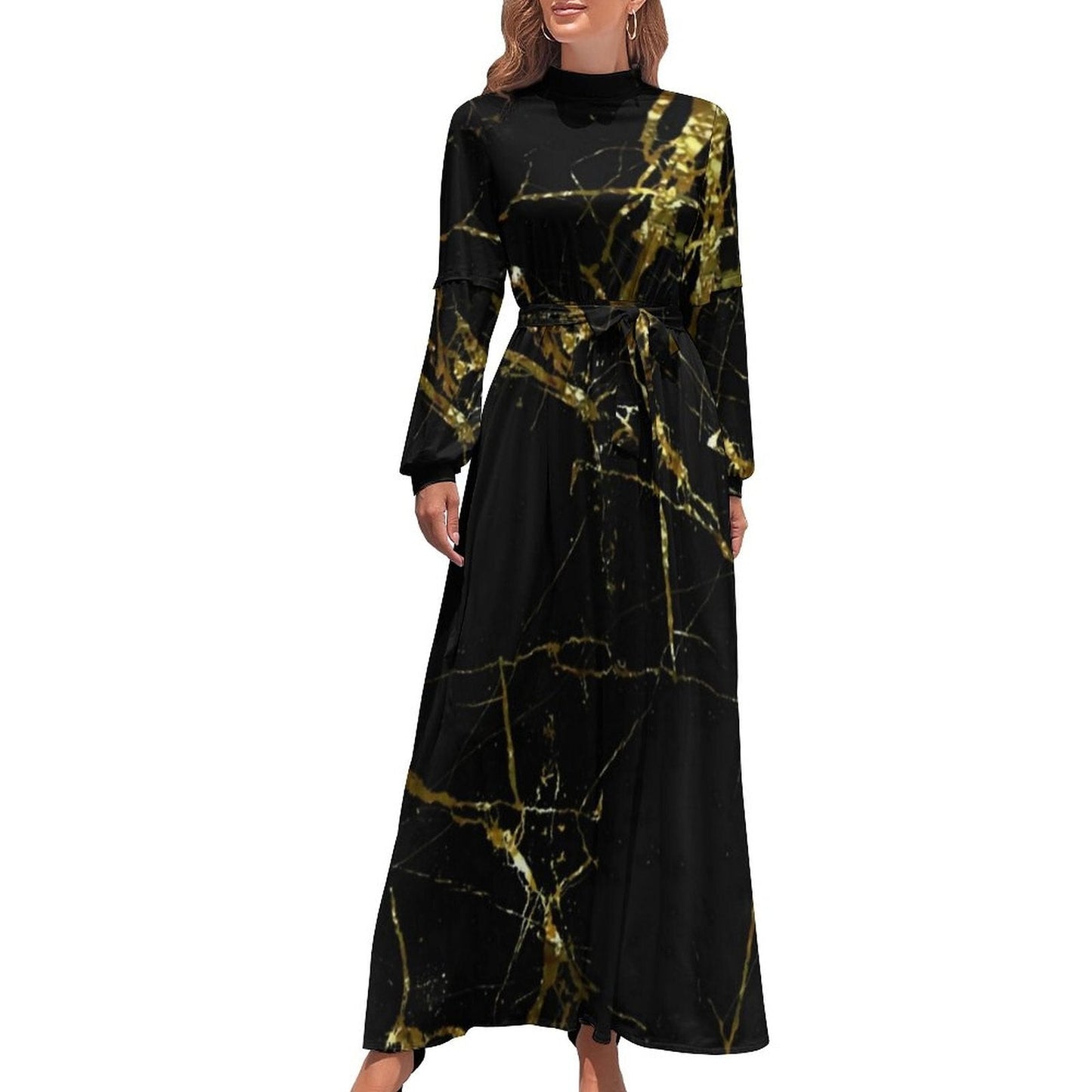 Marble Print Dress Watercolor Flow Abstract Aesthetic Bohemia Dresses Female Long Sleeve High Neck Sexy Long Maxi Dress