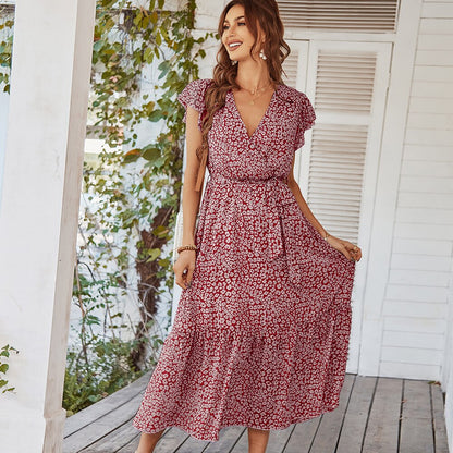 Sexy V-neck Print Lace-up Dress Casual Long Beach Dresses for Women Pink Boho Resort Ladies Maxi Dress