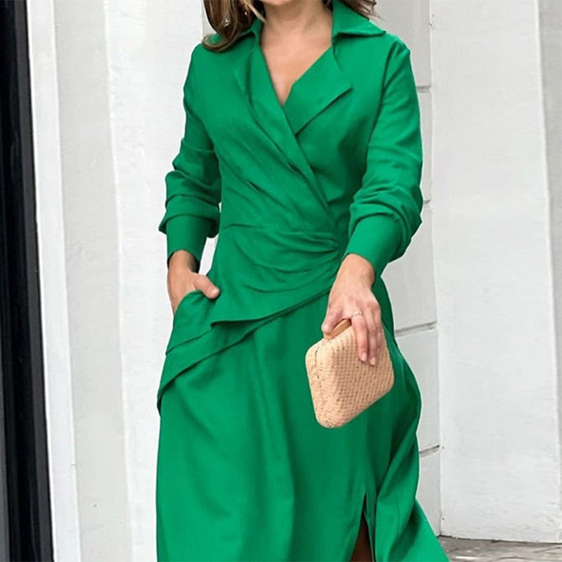 vmtvr Women Maxi Dress Fashion Elegant Long Sleeve Lapel V Neck Pleated Solid Single Slit With Pockets Beach Party Dresses