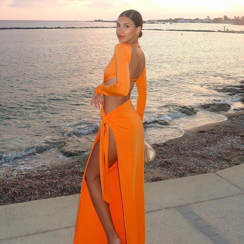 Orange Hollow Out Bodycon Maxi Dresses for Women Summer Sexy Twist Backless Slit Dress Long Sleeve Elegant Party Dress