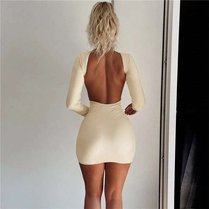 Autumn Fashion Sexy Open Back Solid Slinky Mini Dress Club Party Outfits Long Sleeve Round Neck Bodycon Dresses