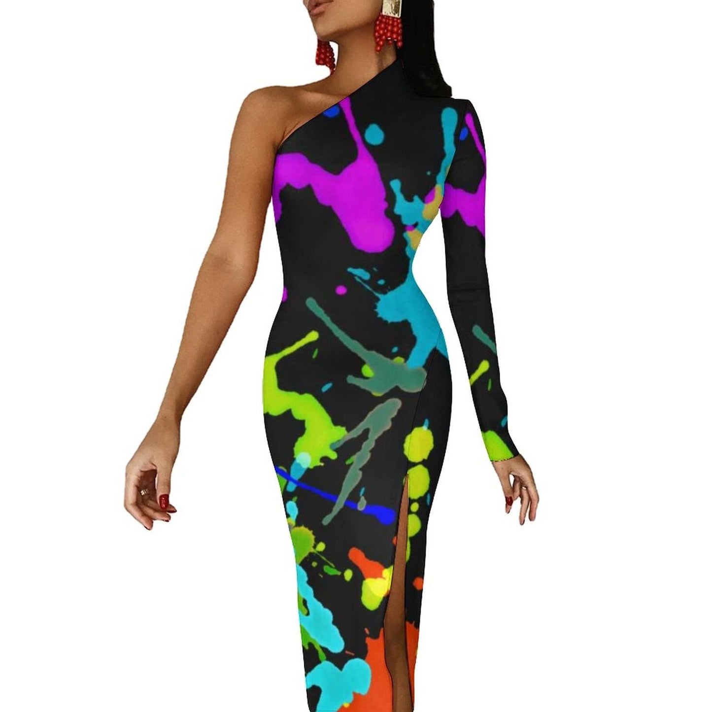 Rainbow Colors Maxi Dress Long Sleeve Colorful Aesthetic Cute Bodycon Dress High Slit Party Long Dresses Women Pattern Vestidos