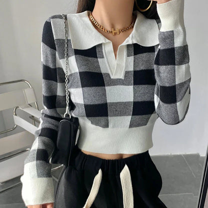 -Fall Outfits -Fall Outfits Long Sleeve Top Autumn Winter Vintage Knitwear Crop Tops Women Pullover Sweaters Fashion Female Long Sleeve Elastic Casual Plaid Knitted Shirts