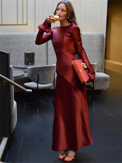 vmtvr Backless Satin Fashion Maxi Dress For Women Elegant Solid Slim Patchwork Long Sleeve Autumn 2024 Female Gown Long Dress