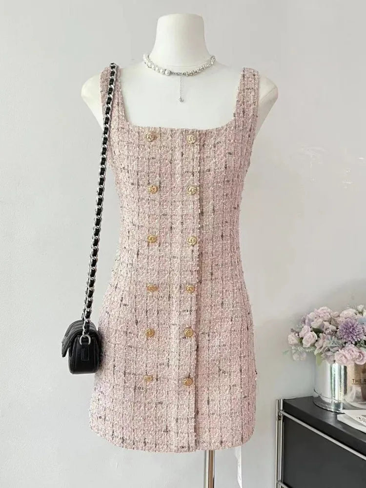 vmtvr  -  Small Fragrant Elegant Vest Dress Female Fashion Simple Korea Chic Birthday Party StrapSkirt Sweet Sexy Slim Tweed Dress Women ﻿