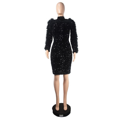 Luxury Evening Dresses for Women Elegant Long Sleeve Backless Sequins Feathers Bodycon Package Hip Night Club Party Dress