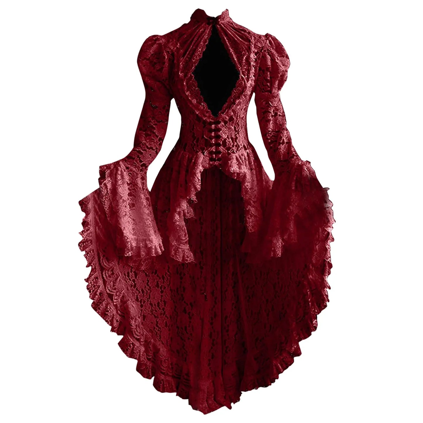 vmtvr  -  Vintage Lace Gothic Dress Flare Sleeves Bodycon See Through High Neck Dress For Women Party Medieval Cosplay Costume Vestidos