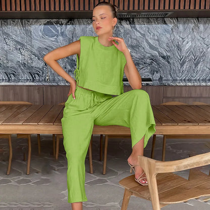 vmtvr Women's Cotton Linen Pants Set Summer Women's Loose Shoulder Pads Side Slit Sleeveless Top Casual Pleated Wide Leg Pants Suit