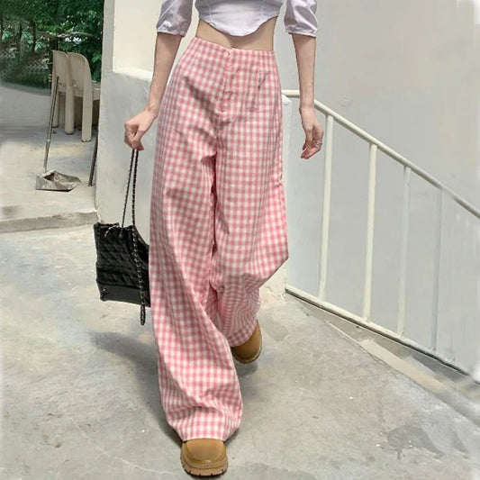 vmtvr High Waist Women Pink Plaid Pants Summer Fashion Streetwear Loose Wide Leg Pants Y2K All Match Female Straight Trousers