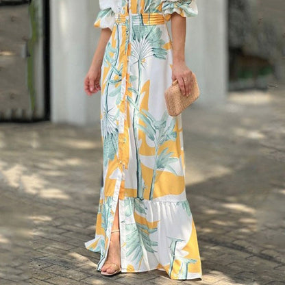 vmtvr Women Maxi Dress Summer Stylish Print Short Puff Sleeve V Neck Nipped Waist Slim Single Row Button Beach Party Dresses