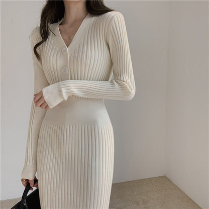 Vintage Knitted Sweater Long Sleeve Dresses Women Slim Bodycon Korean Elegant Fall Winter Button V Neck Sweater Midi Woman Dress