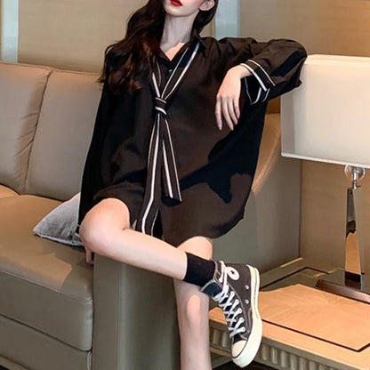 vmtvr Dark Academic Women Chiffon Shirts Korean Fashion Nine Quarter Sleeve Loose Tops Summer Streetwear Female Y2K Black Blouse