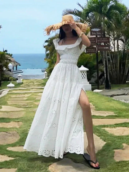 vmtvr  -  Square Collar White Lace Summer Tank Dress Women Sexy Backless Maxi Long Sundress Holiday Beach Cotton Slip Vestidos Party