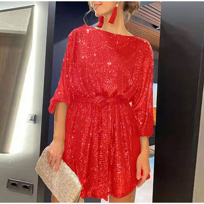 vmtvr Women Solid Sexy Sequins Mini Dress Female Fashion Long Sleeve Clothes Lady Elegant Evening Party Club Festival Dress