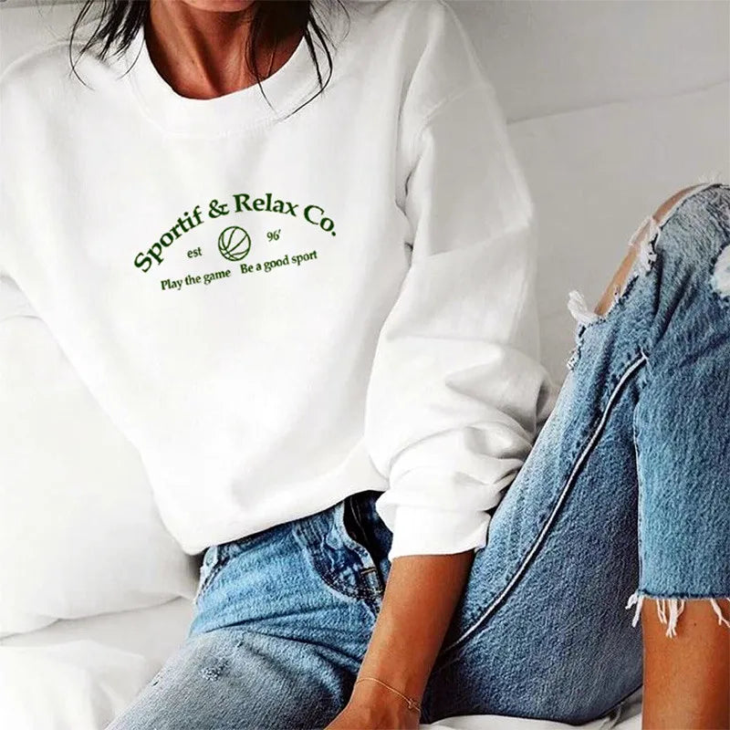 -Retro sports style outfit streetwear 90s fashion American Vintage Sprot Make You Health Graphic Printing Women White Sweaters Loose Cotton Thick  Autumn Warm Sweatshirts