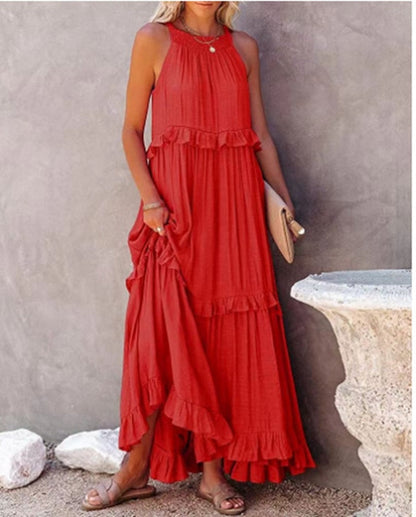 Summer Loose Long Dress Women Casual Elegant Ruffle Halter Sleeveless Female Party Outfits Beach Maxi Dresses Green Tie-Up Robe