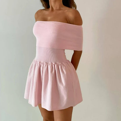 vmtvr  -  Pink Knitted Mini Dress Women Elegant Fashion Off The Shoulder Bodycon Short Dresses Summer Sweet Girl Holiday Beach Dress