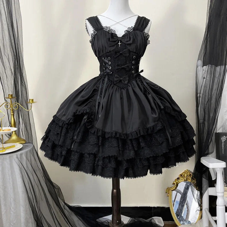 vmtvr  -  Japanese Lolita Dark Gothic Style JSK Lace Stitching Bow Lace-up V-neck Sleeveless High Waist Hot Sweet Black Cake Dress Women