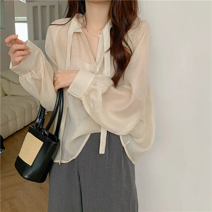 -Fall Outfits Long Sleeve Top Korean Fashion Micro Through Chiffon Shirts Women Spring Summer New Loose Ribbon Stand Collar Long Sleeve Blouses Tops Mujer