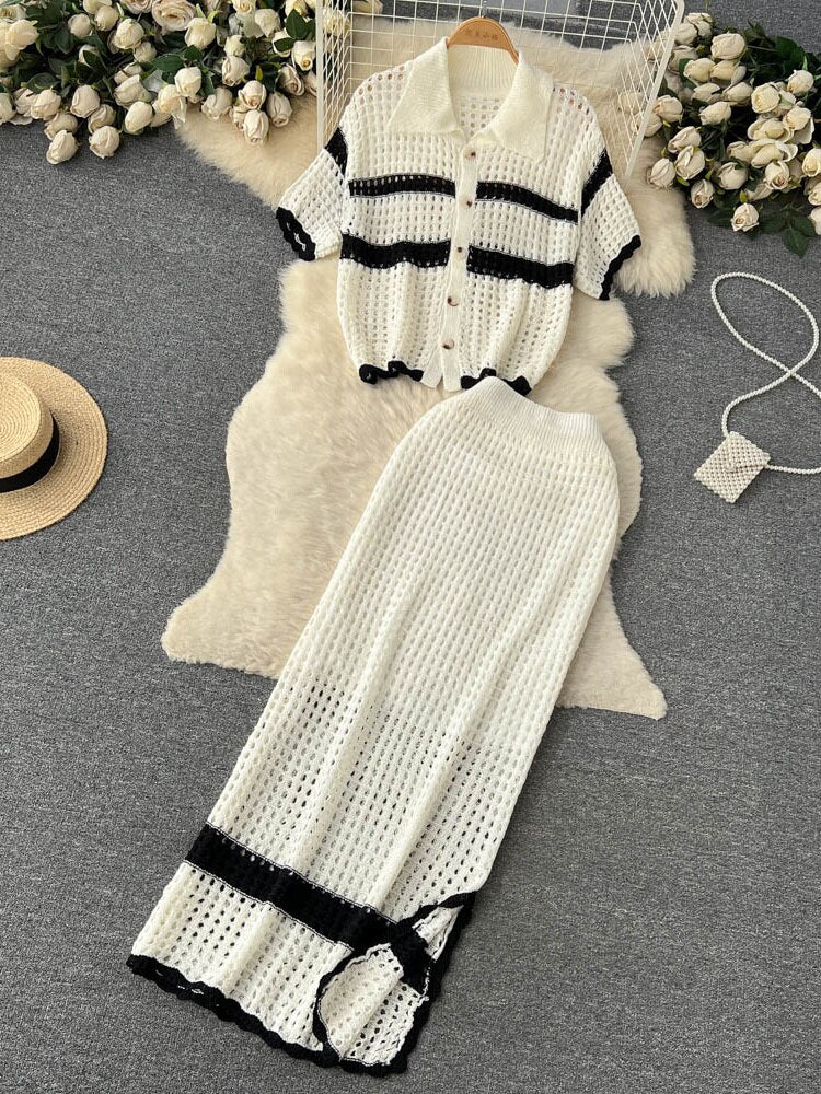 vmtvr - Korean Spring Summer Vacation Style Knitted Twi Piece Set Women Chic Hollow out Sweater Cardigan +Long Maxi Skirt Sets