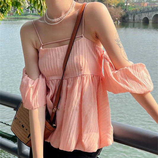 Off Shoulder Blouse Women Elegant Short Sleeve Puff Sleeve Shirts For Women Fashion Vintage Ladies Tops Chic