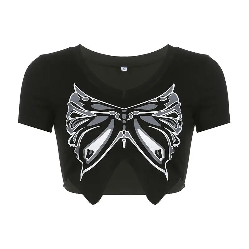 vmtvr American Vintage Butterfly Graphic Women Irregular T-shirt V-Neck Spicy Girl Summer Sexy Slim Versatile Short Sleeve Crop Tops