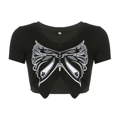 vmtvr American Vintage Butterfly Graphic Women Irregular T-shirt V-Neck Spicy Girl Summer Sexy Slim Versatile Short Sleeve Crop Tops