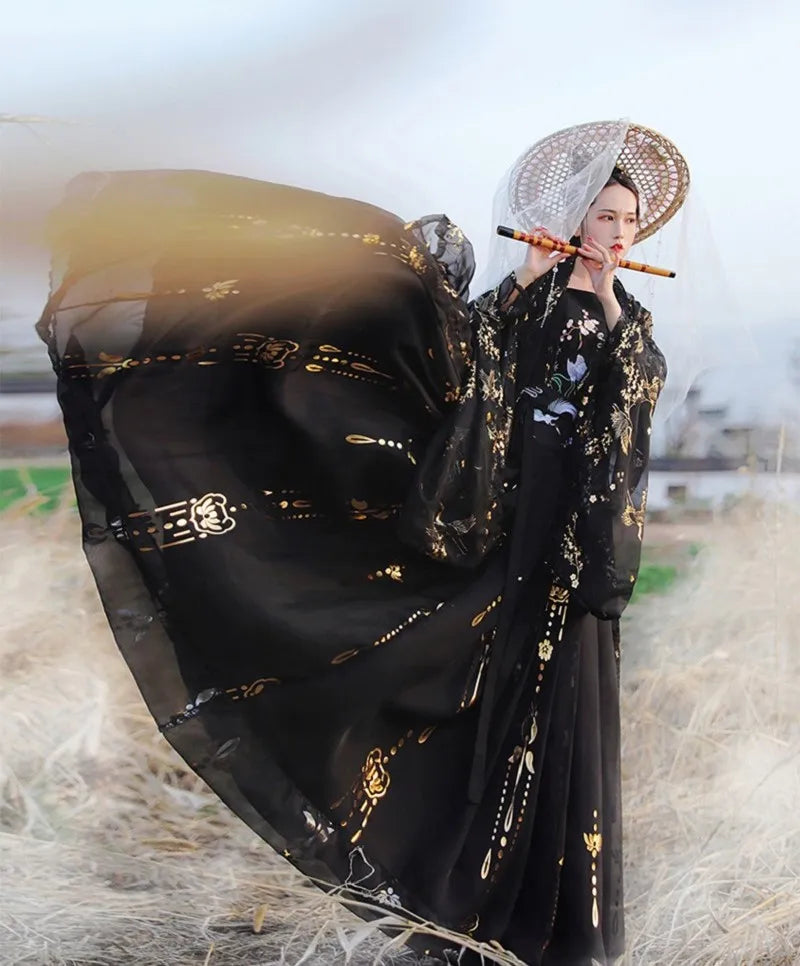 Solredo Chinese Ancient Costumes Traditional Hanfu Women's Folk Dance Clothes Retro Girl Cosplay Fairy Princess Black Dresses