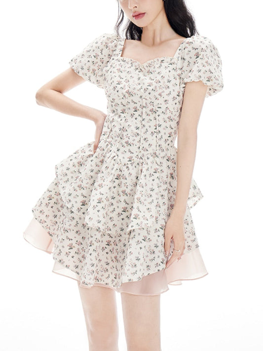 Sweet Casual Floral Mini Dress Lolita Style Vintage Short Sleeve Dress Beach Summer French Retro Short Party Dress Bow Chic