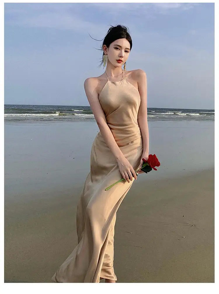 vmtvr Champagne Halter Pleated Backless Long Dress Summer New Elegant Fashion Evening Party Ladies Vintage Dresses Female Clothes