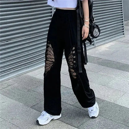 vmtvr Butterfly Hollow Embroidery Out Pattern Black Pants Hip Hop Vintage Women Streetwear Summer Loose Sport Fashion Casual Trousers