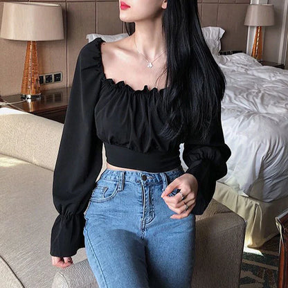 vmtvr Sexy Cropped Chiffon Shirts Women Summer Fashion Folds Female Lantern Sleeve Tops Y2K Korean Casual All Match White Blouse