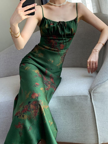 New Spaghetti Strap Elegant Floral Long Dress Summer Women Sleeveless Bodycon Slim Vintage Party Satin Vestidos Female Chic Robe