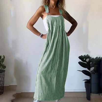 vmtvr Vintage Striped Print Sleeveelss Suspender Dress Summer Casual Pocket Loose Party Dress 2024 Women Sexy U-neck Pleat Long Dress