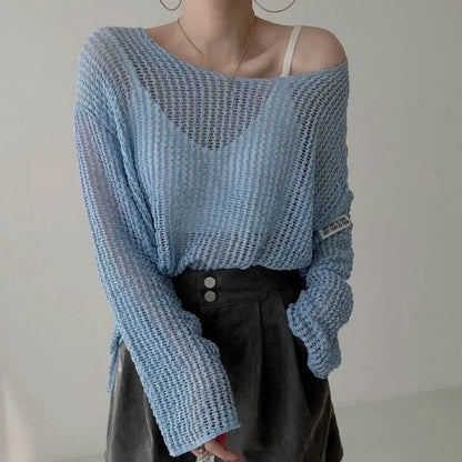 vmtvr Long Sleeve T-shirt Women Summer Thin Section Hollow Ice Silk Knit Sunscreen Coverall Korean Loose Tops
