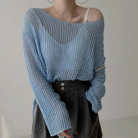 vmtvr Long Sleeve T-shirt Women Summer Thin Section Hollow Ice Silk Knit Sunscreen Coverall Korean Loose Tops