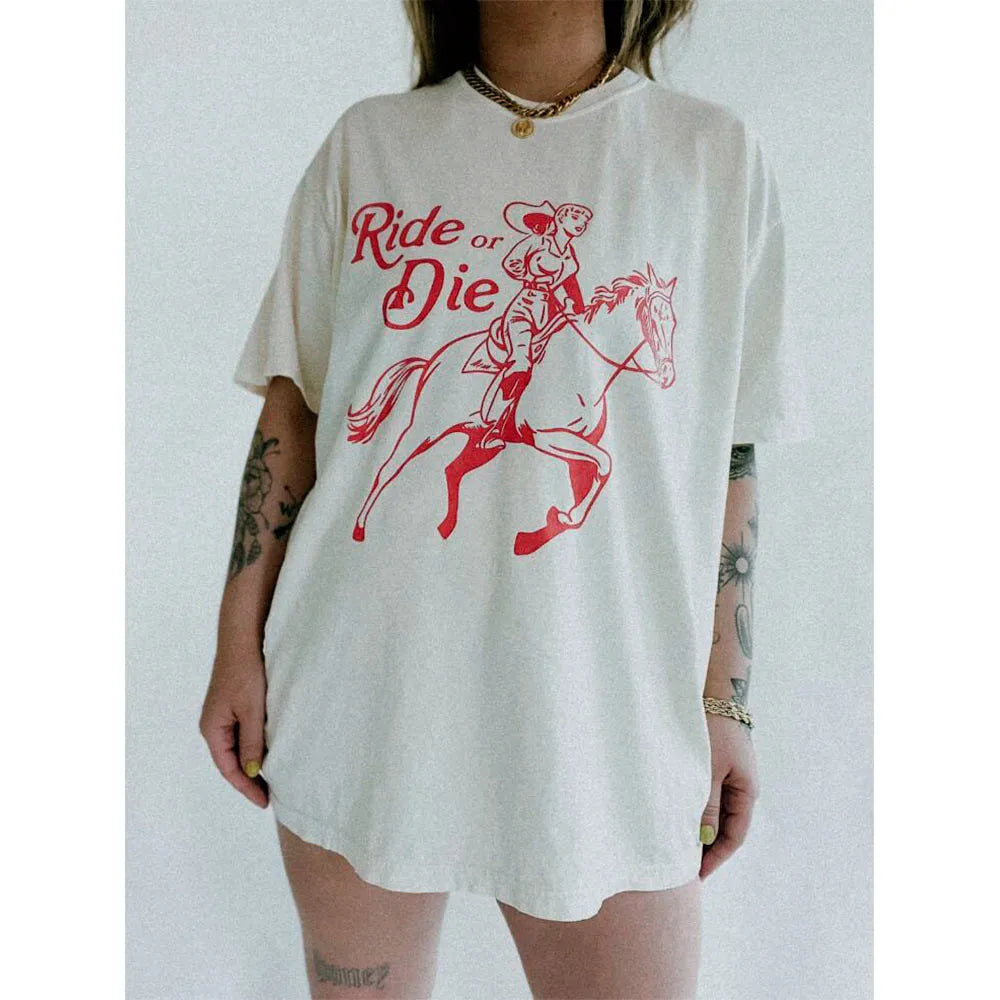 -Retro sports style outfit streetwear 90s fashion Ride or Die Printing Cowgirl Graphic Tees Summer Short Sleeve Thick Cotton Oversized White Shirts High Quality Feminist T Shirts