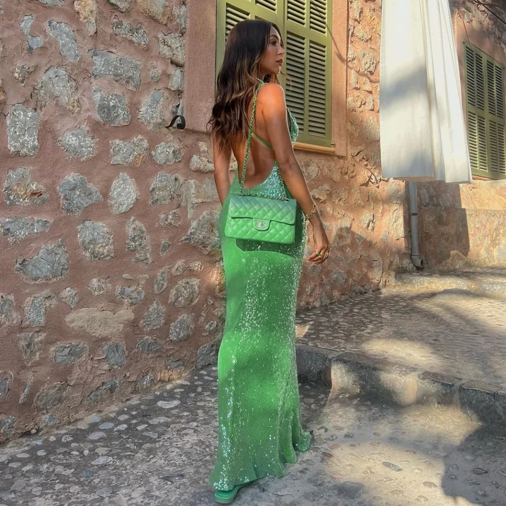 vmtvr  -  Green Sequins Long Dress Women Sexy Backless Slim Evening Party Dresses Summer Fashion Spaghetti Strap Holiday Beach Dress