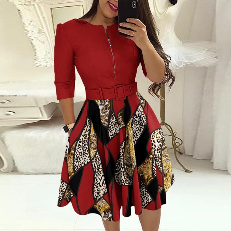 Mini Dresses O-neck Three-quarter Sleeve With Belt A-line Skirt Print Patchwork Party Dress Autumn 2023 Fashion Elegant Vestidos