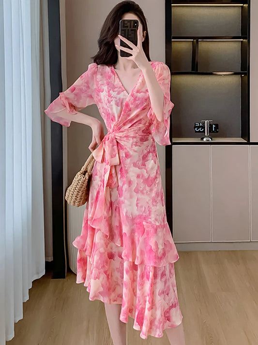 vmtvr Women Boho Print Mesh Casual Festival Long Dress Summer Elegant Chic Ruffled Bandage Dress 2024 Korean Vintage Luxury Prom Dress