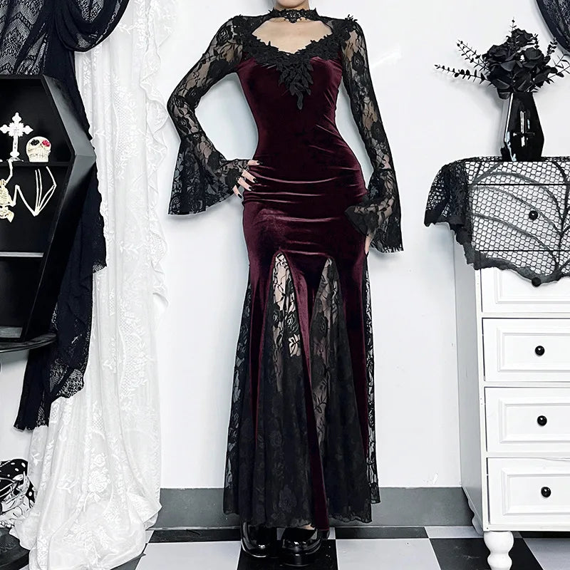 vmtvr  -  Goth Dark Vintage Mall Gothic Elegant Lace Trumpet Dresses Grunge Aesthetic Punk V-neck Long Dress Women Slim Evening Alt Clothe