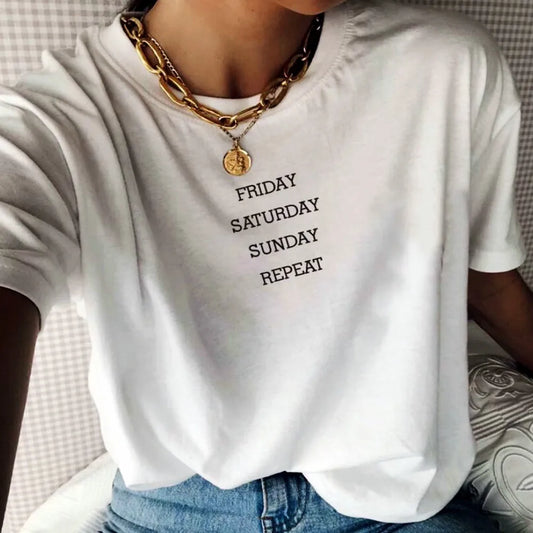 -Retro sports style outfit streetwear 90s fashion Friday Saturday Sunday Repeat Letters Printing Funny White T Shirts Female Loose Cotton Short Sleeve Tops Summer Fashion Tees