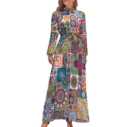 vmtvr - Ethnic Bohemia Dress Retro Floral Print Basic Beach Dresses Female Long Sleeve High Neck Elegant Long Maxi Dress