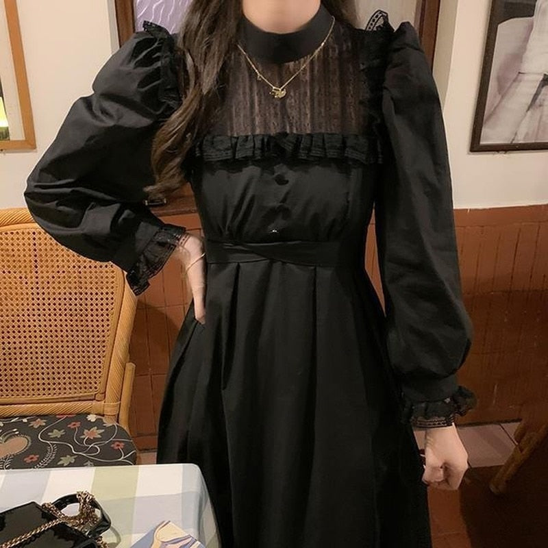 vmtvr - Gothic Black Lace Dress Women Casual Elegant Party Midi Ruffle Long Sleeve Dress Emo Y2k Goth Clothes 2022 Spring Robes