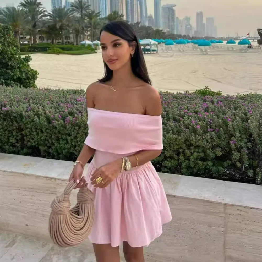 vmtvr  -  Pink Knitted Mini Dress Women Elegant Fashion Off The Shoulder Bodycon Short Dresses Summer Sweet Girl Holiday Beach Dress