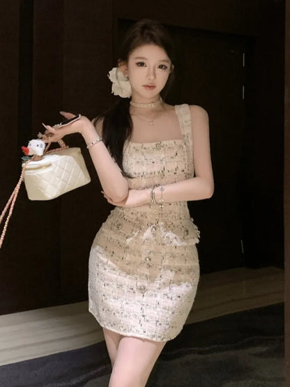 vmtvr  -  High Quality Korean Sweet Small Fragrant Tweed Dresses For Women French Fashion Summer Dress Hotsweet Sexy Tank Party Dress