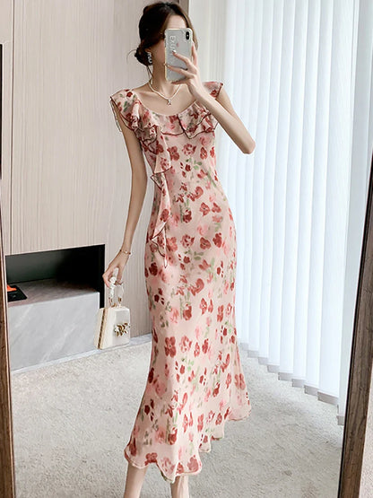 vmtvr Korean Fashion Floral Chiffon Ruffled Sling Long Dress Women Summer Elegant Casual Holiday Beach Dress 2024 Chic Luxury Vestidos