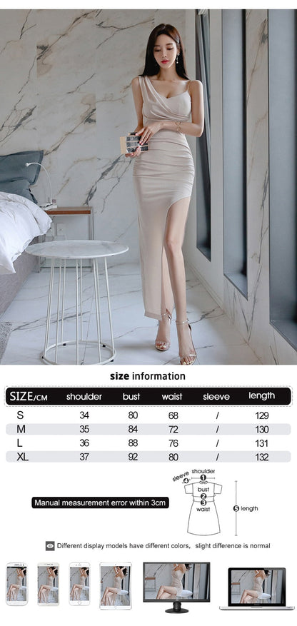 vmtvr Fashion Korean Elegant Women Dress Chic Temperament Formal Sexy Strap Folds Slim Slit Maxi Party Club Prom Robe Mujer Vestidos